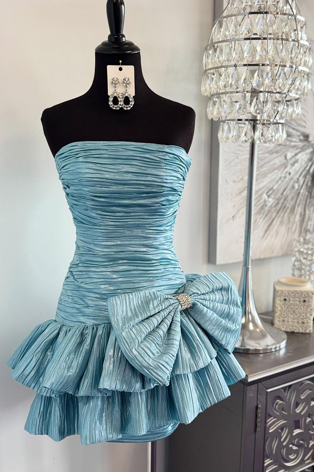 Light Blue A Line Pleated Short Homecoming Dress with Bow