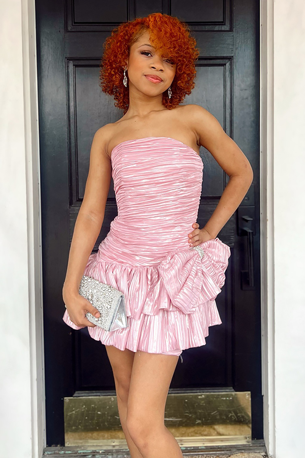 Light Blue A Line Pleated Short Homecoming Dress with Bow