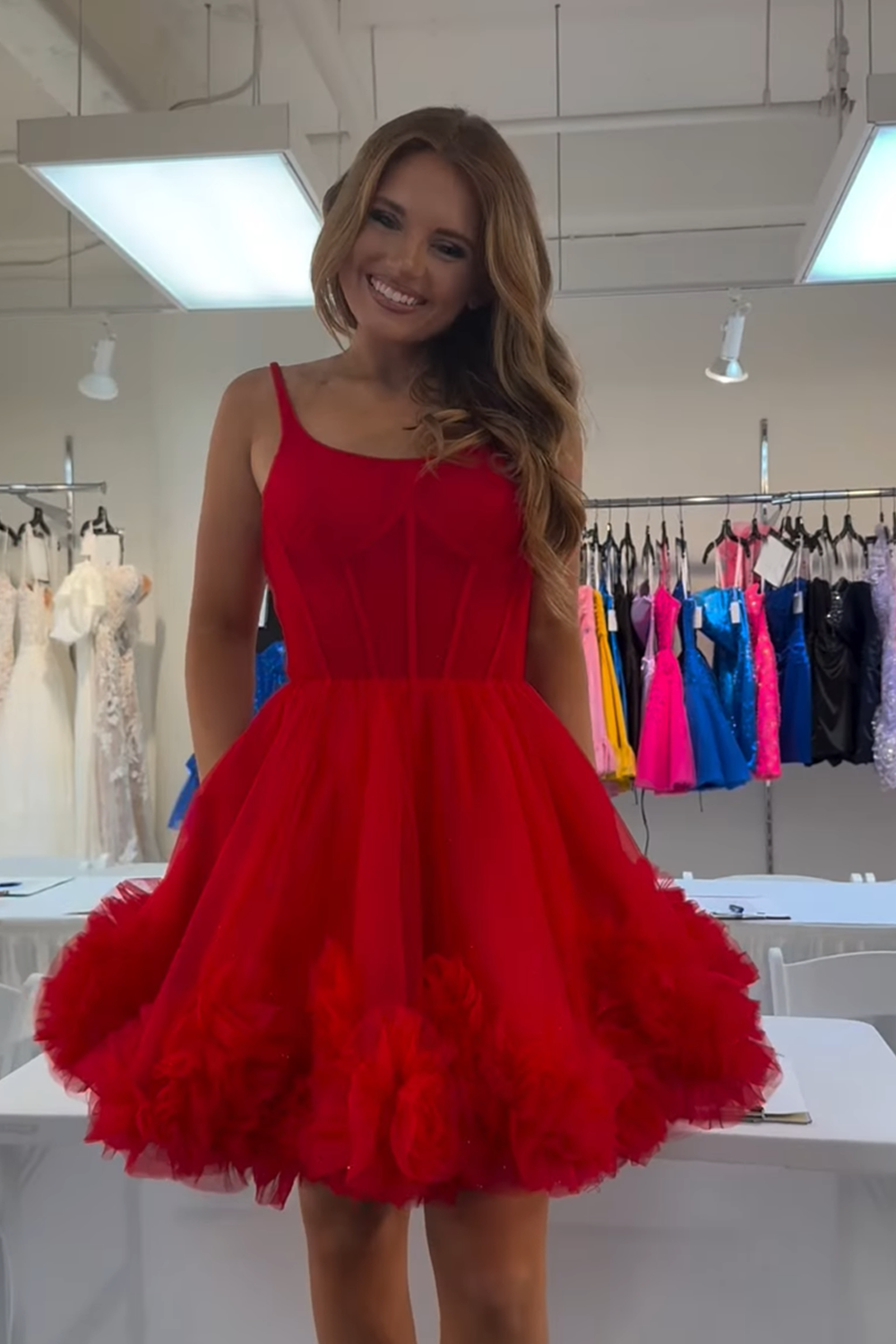 Red Floral Corset Tulle A Line Short Homecoming Dress