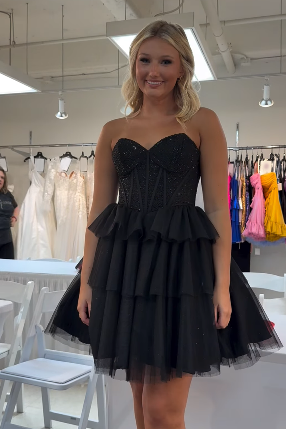 Black Tulle Corset A Line Tiered Short Homecoming Dress