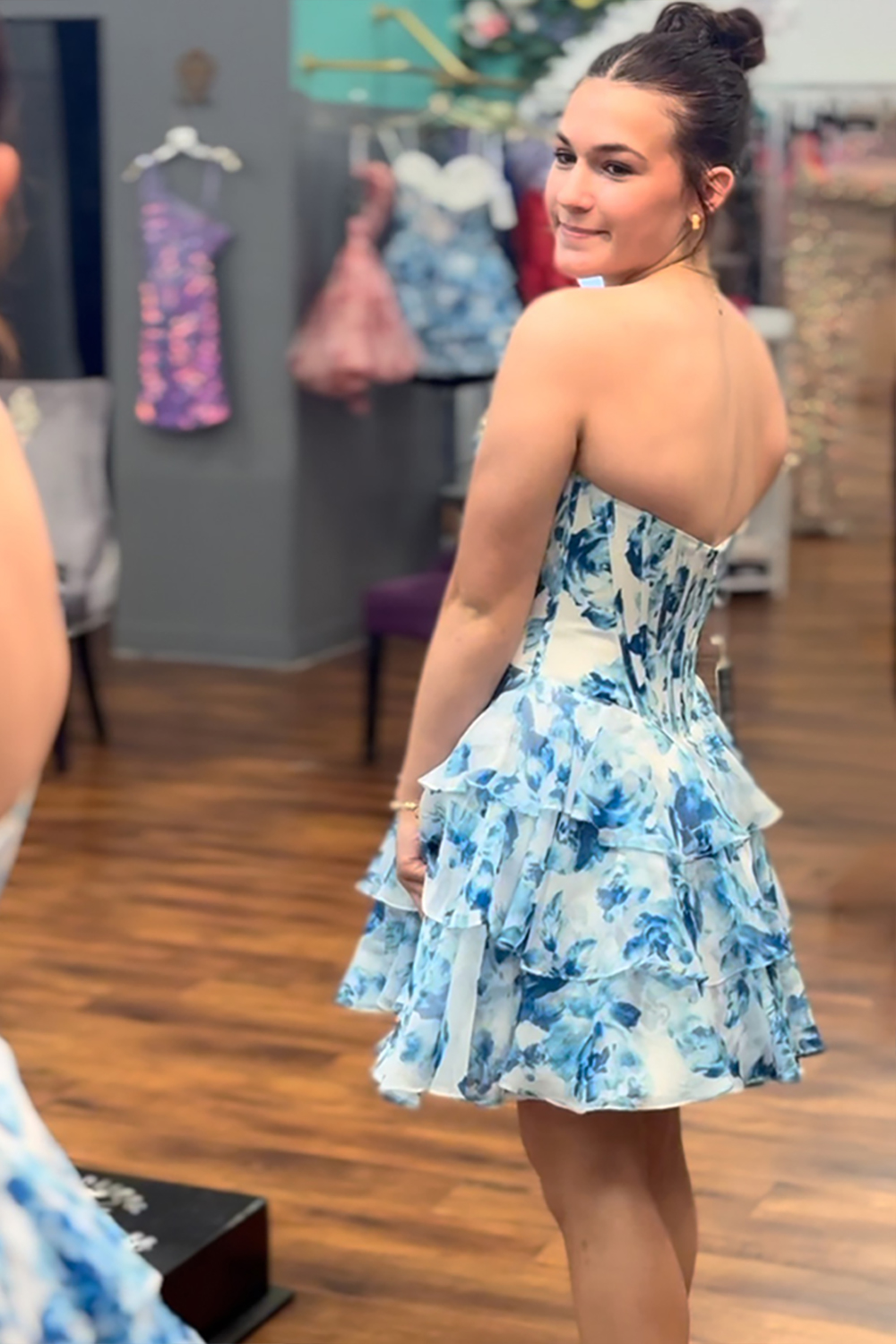 Sparkly Floral Blue Corset A Line Short Homecoming Dress with Beading