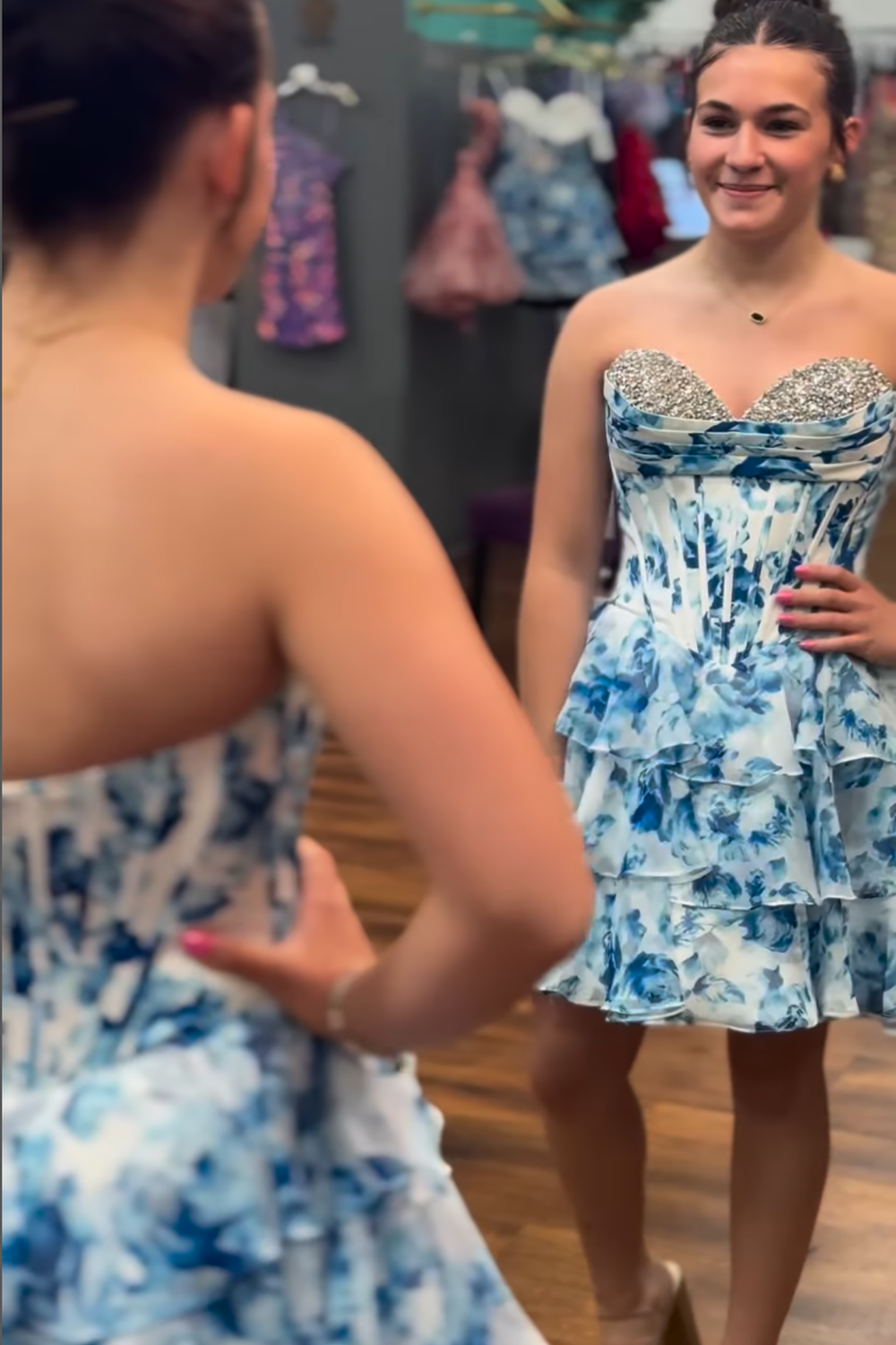 Homrain Women Sparkly Blue Short Ruffled Homecoming Dress with Beading Corset Tiered Floral Sweetheart A Line Hoco Dress