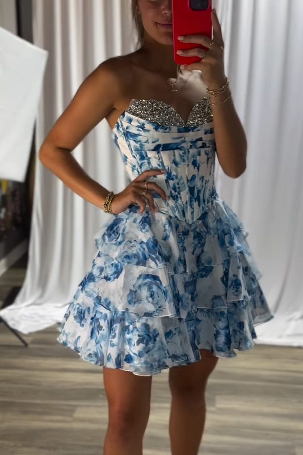 Homrain Women Sparkly Blue Short Ruffled Homecoming Dress with Beading Corset Tiered Floral Sweetheart A Line Hoco Dress