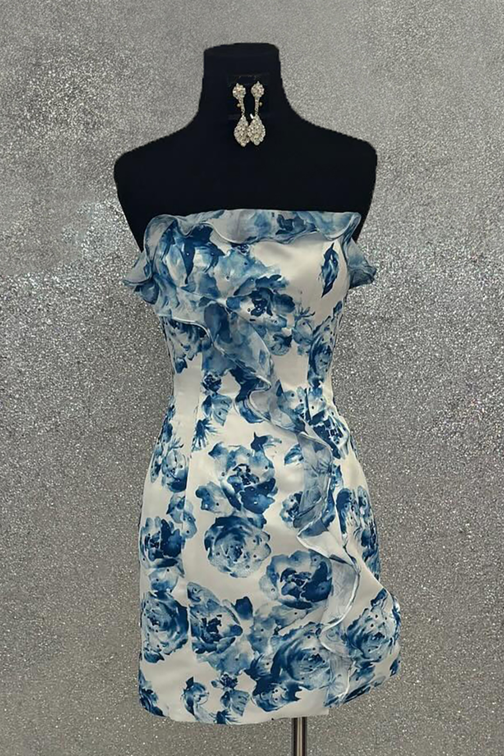 Blue Floral Tight Short Homecoming Dress with Ruffles