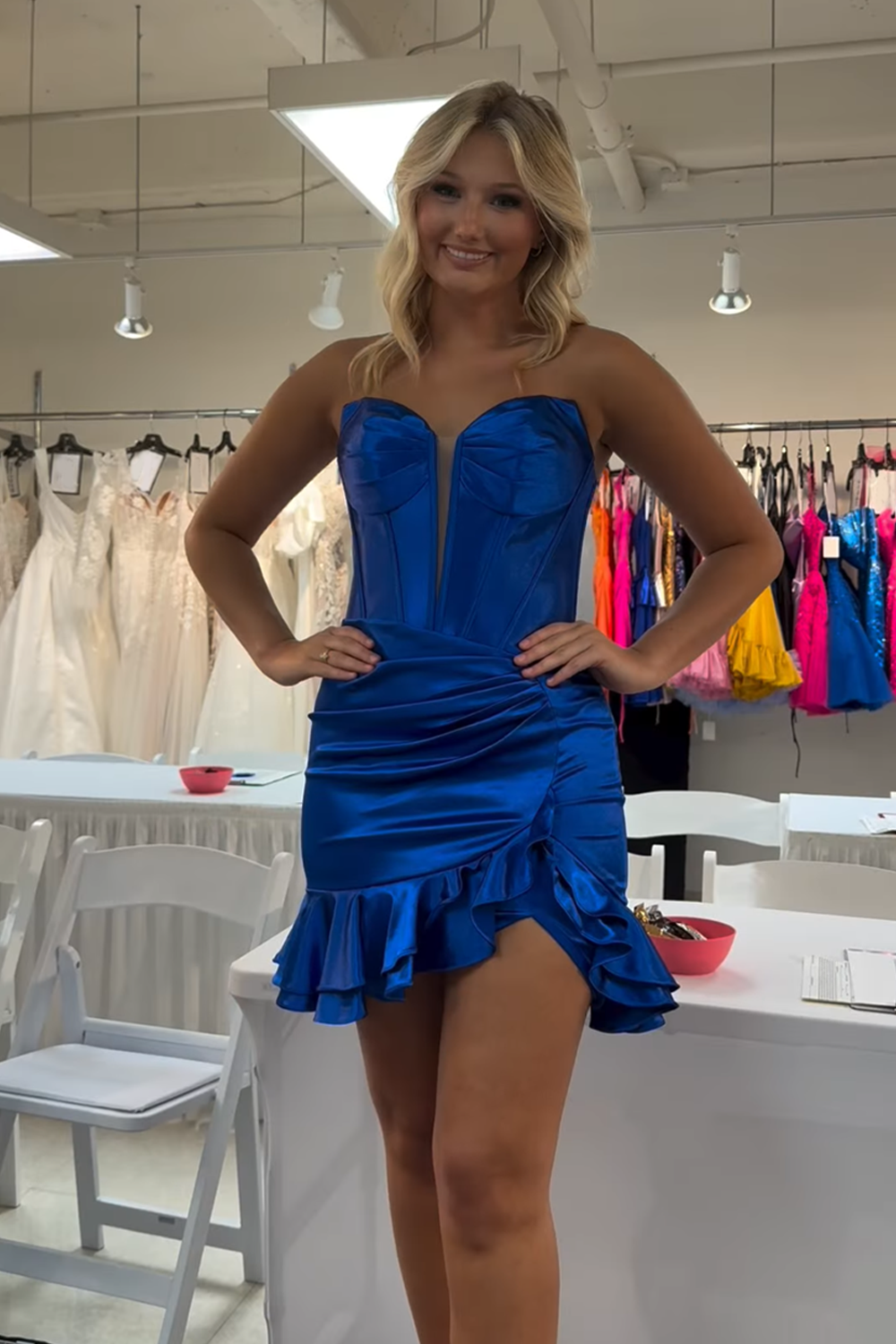 Royal Blue Corset Ruched Satin Tight Short Homecoming Dress with Ruffles