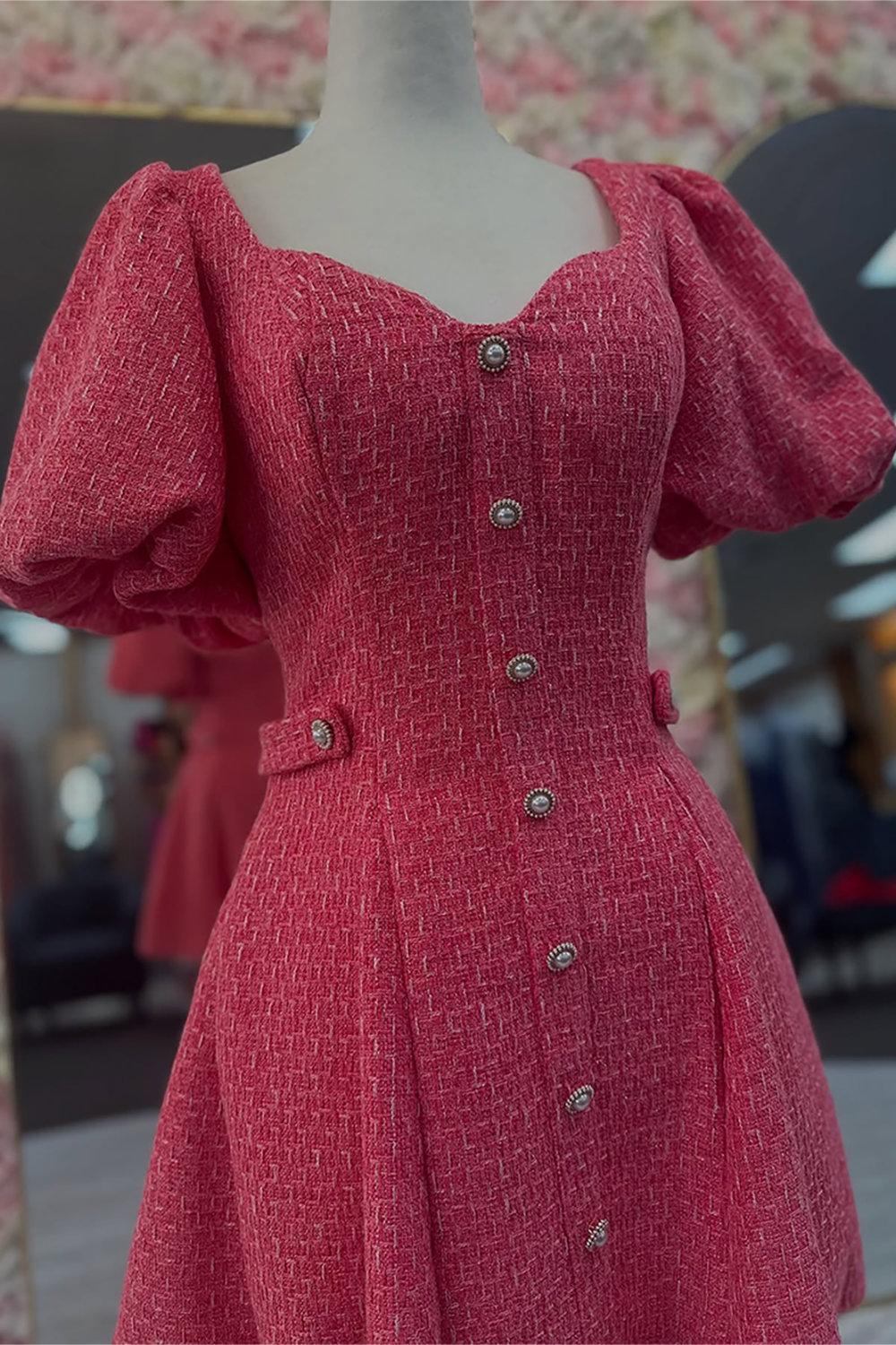 Red Tweed A Line Short Homecoming Dress with Buttons