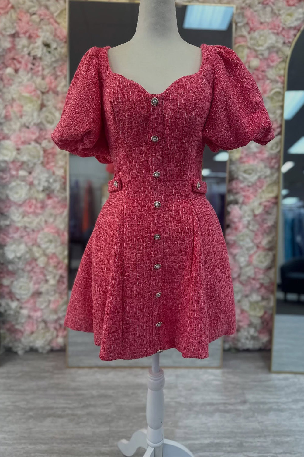 Red Tweed A Line Short Homecoming Dress with Buttons