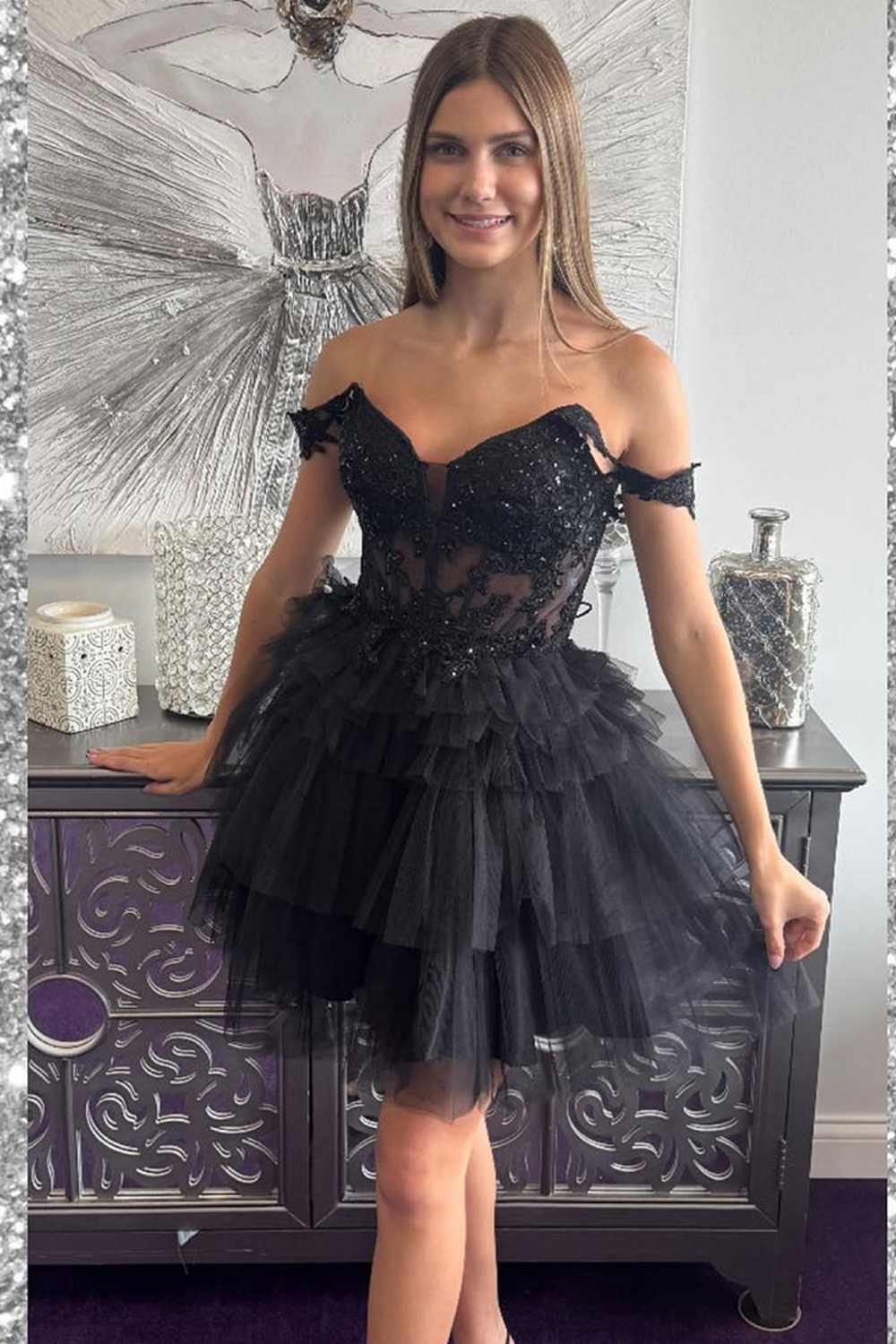 Sparkly Black Corset Tulle Tiered Short Homecoming Dress with Beading
