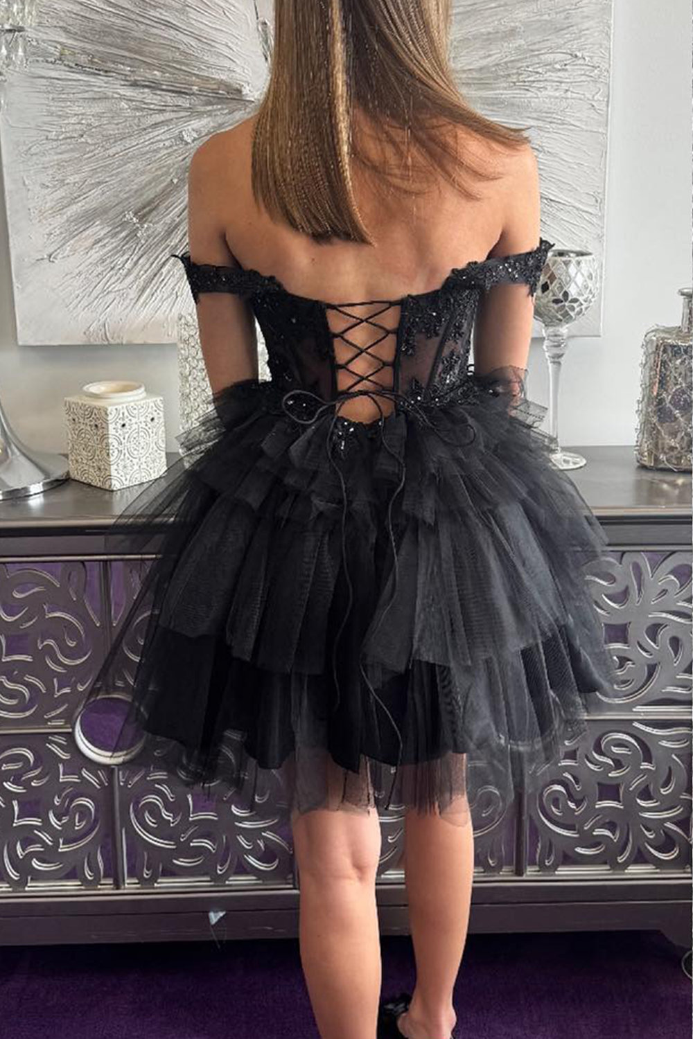 Sparkly Black Corset Tulle Tiered Short Homecoming Dress with Beading