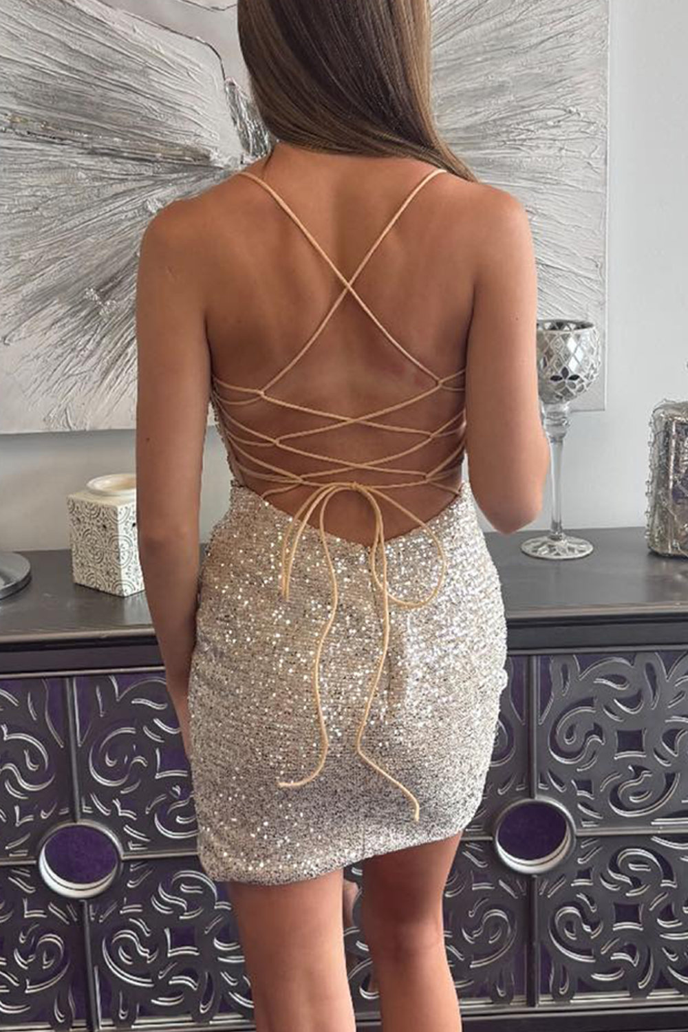 Sparkly Gold Corset Sequins Short Homecoming Dress with Beading