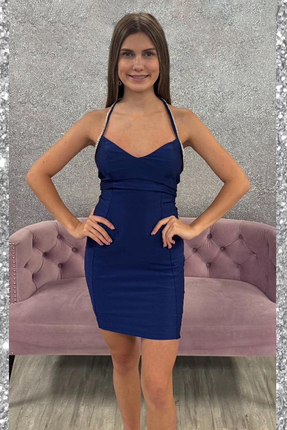 Dark Blue Halter Satin Short Homecoming Dress with Beading