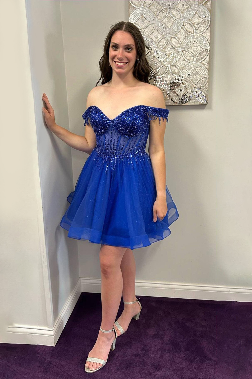 Sparkly Royal Blue Tulle Corset Short Homecoming Dress with Beading