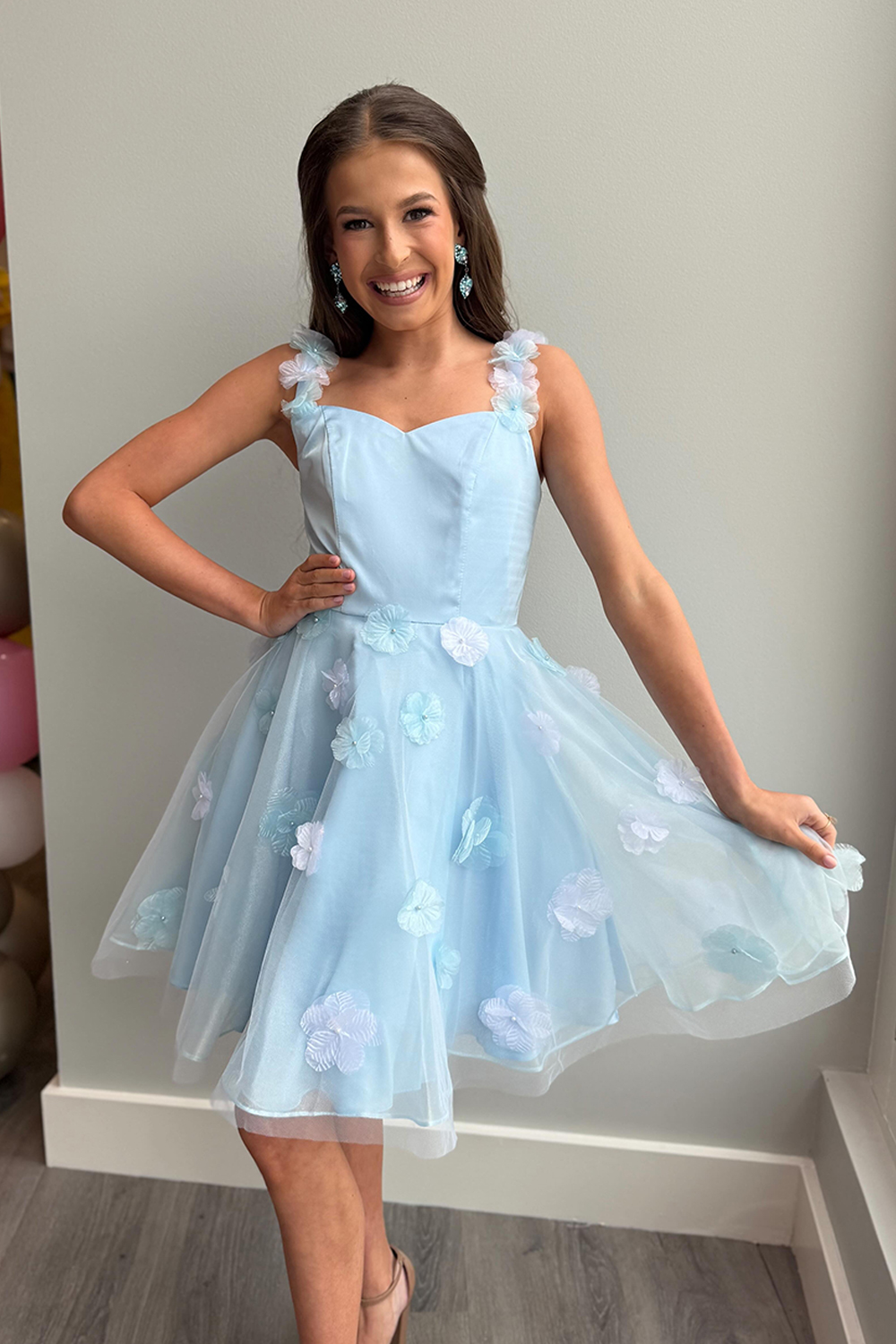 Light Blue Floral A Line Tulle Short Homecoming Dress
