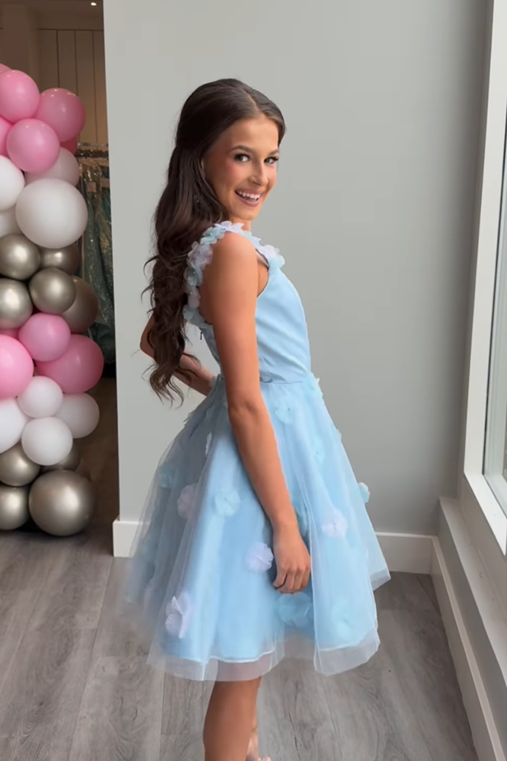 Light Blue Floral A Line Tulle Short Homecoming Dress