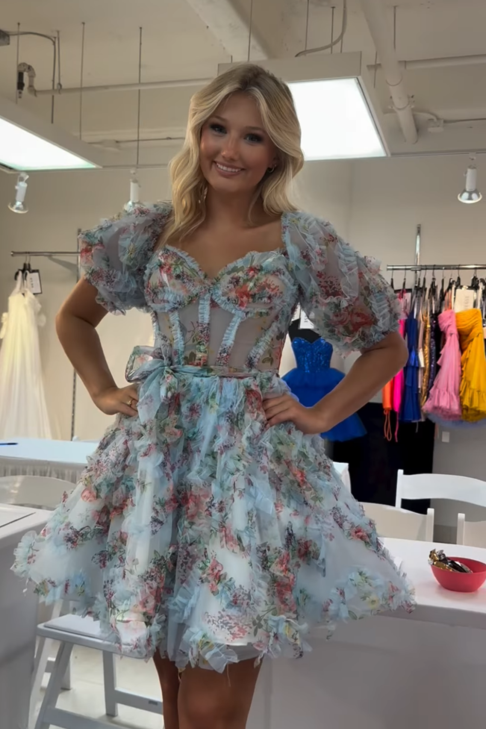 Blue Flower Tulle Corset Short Homecoming Dress with Sleeves