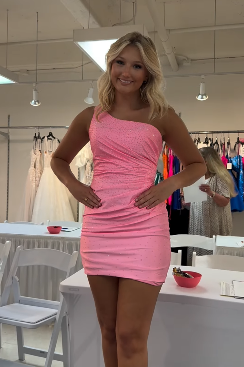 Sparkly Pink Satin One Shoulder Short Homecoming Dress with Beading