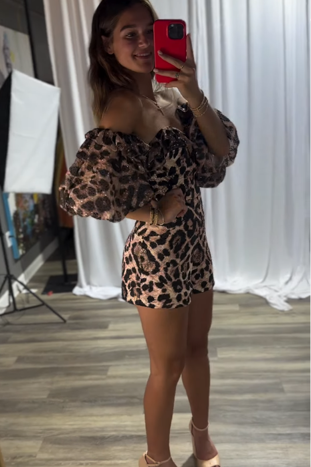 Brown Leopard Off the Shoulder Short Homecoming Jumpsuits with Sleeves