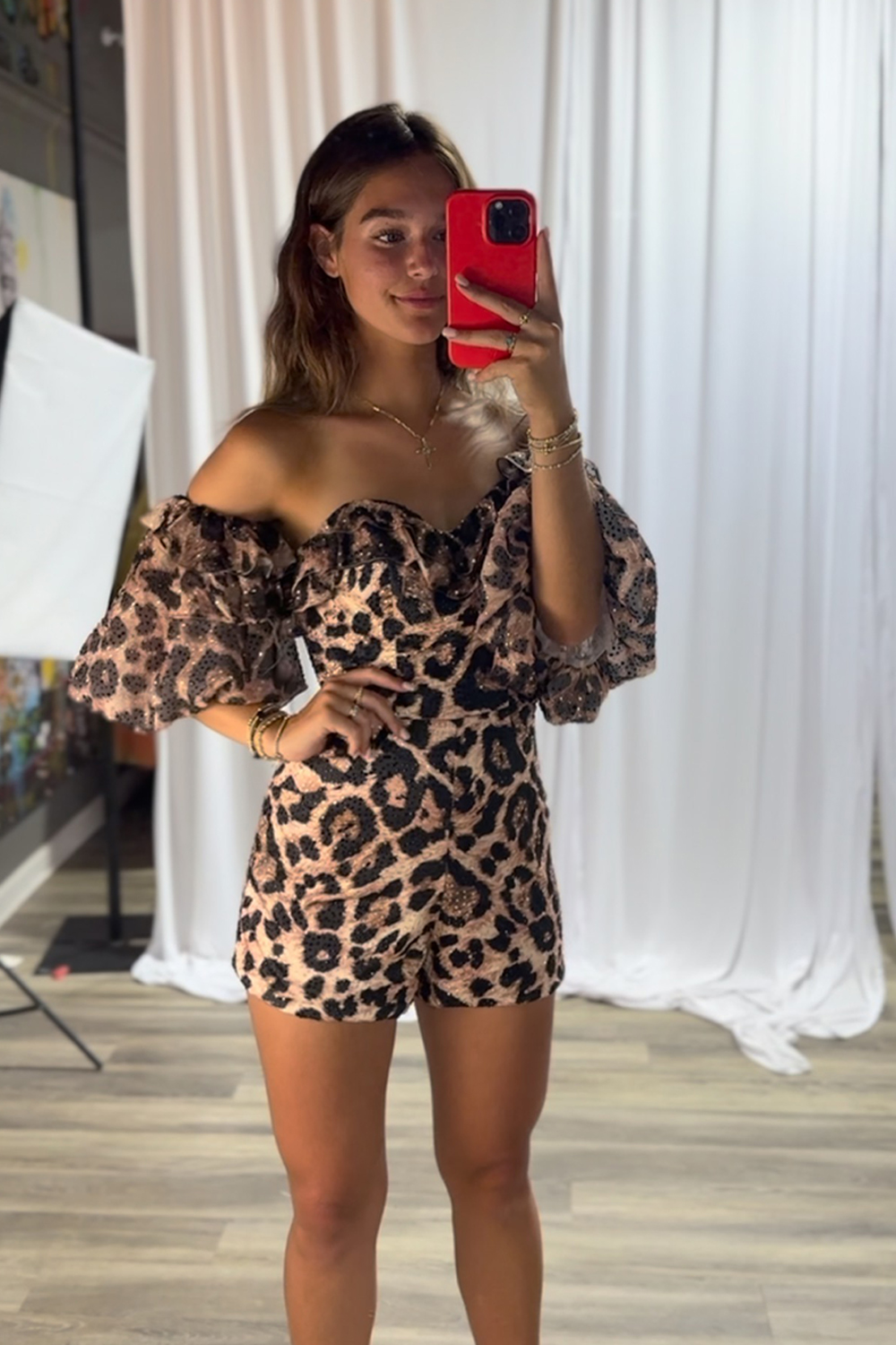 Homrain Women Brown Leopard Short Homecoming Jumpsuits with Sleeves Off the Shoulder Tight Hoco Rompers