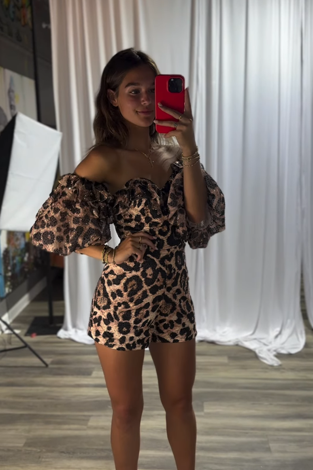Brown Leopard Off the Shoulder Short Homecoming Jumpsuits with Sleeves