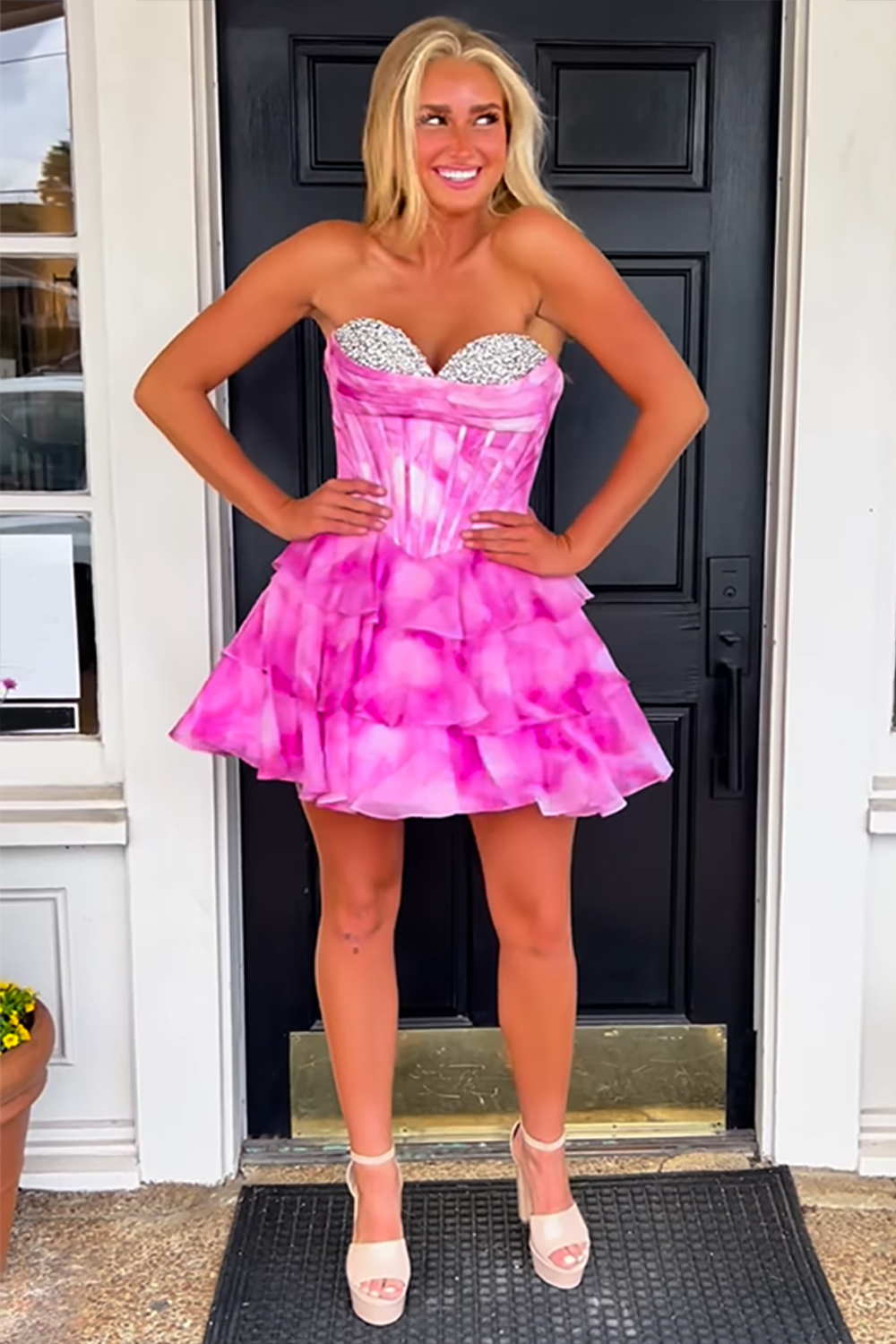 Sparkly Blue Tiered Chiffon Corset Short Homecoming Dress with Beading