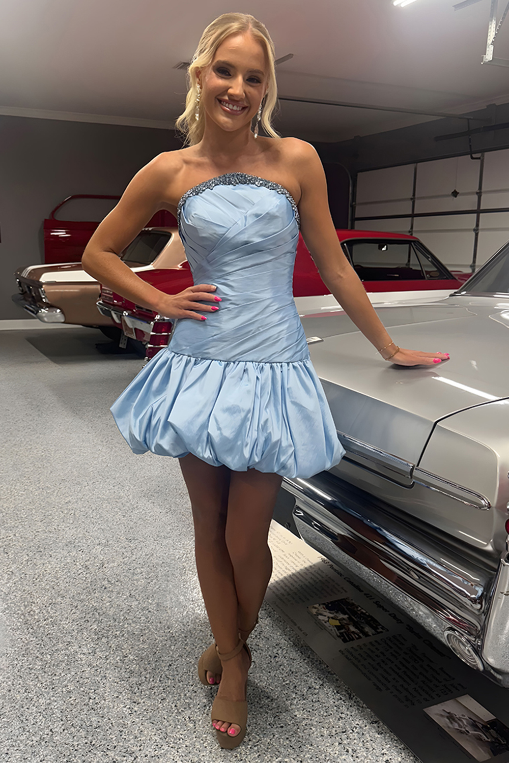 Pink Satin Ruched Short Homecoming Dress with Rhinestones