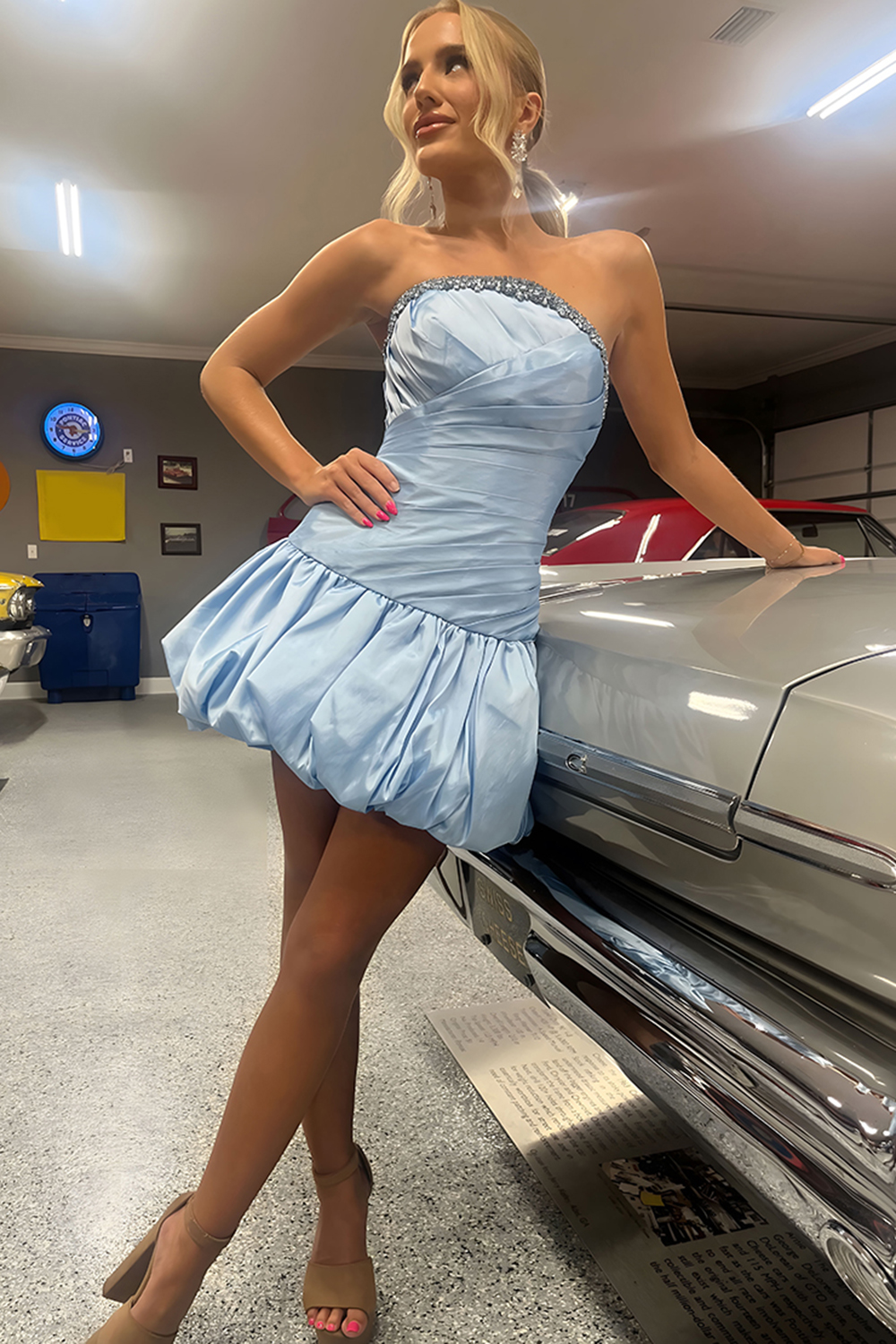 Pink Satin Ruched Short Homecoming Dress with Rhinestones