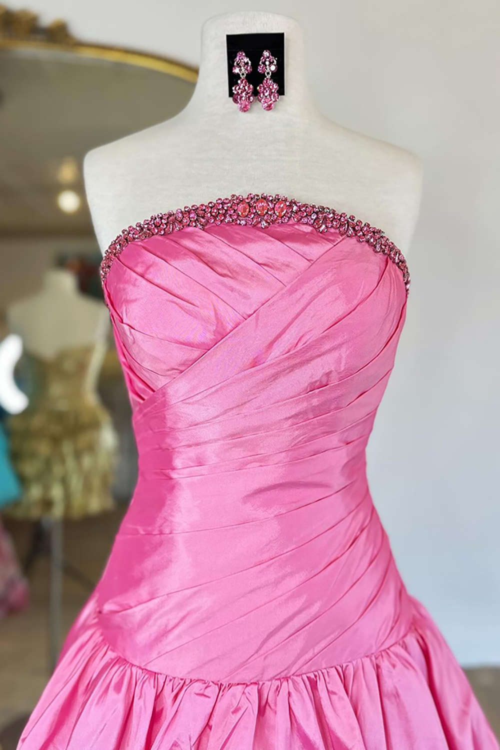 Pink Satin Ruched Short Homecoming Dress with Rhinestones