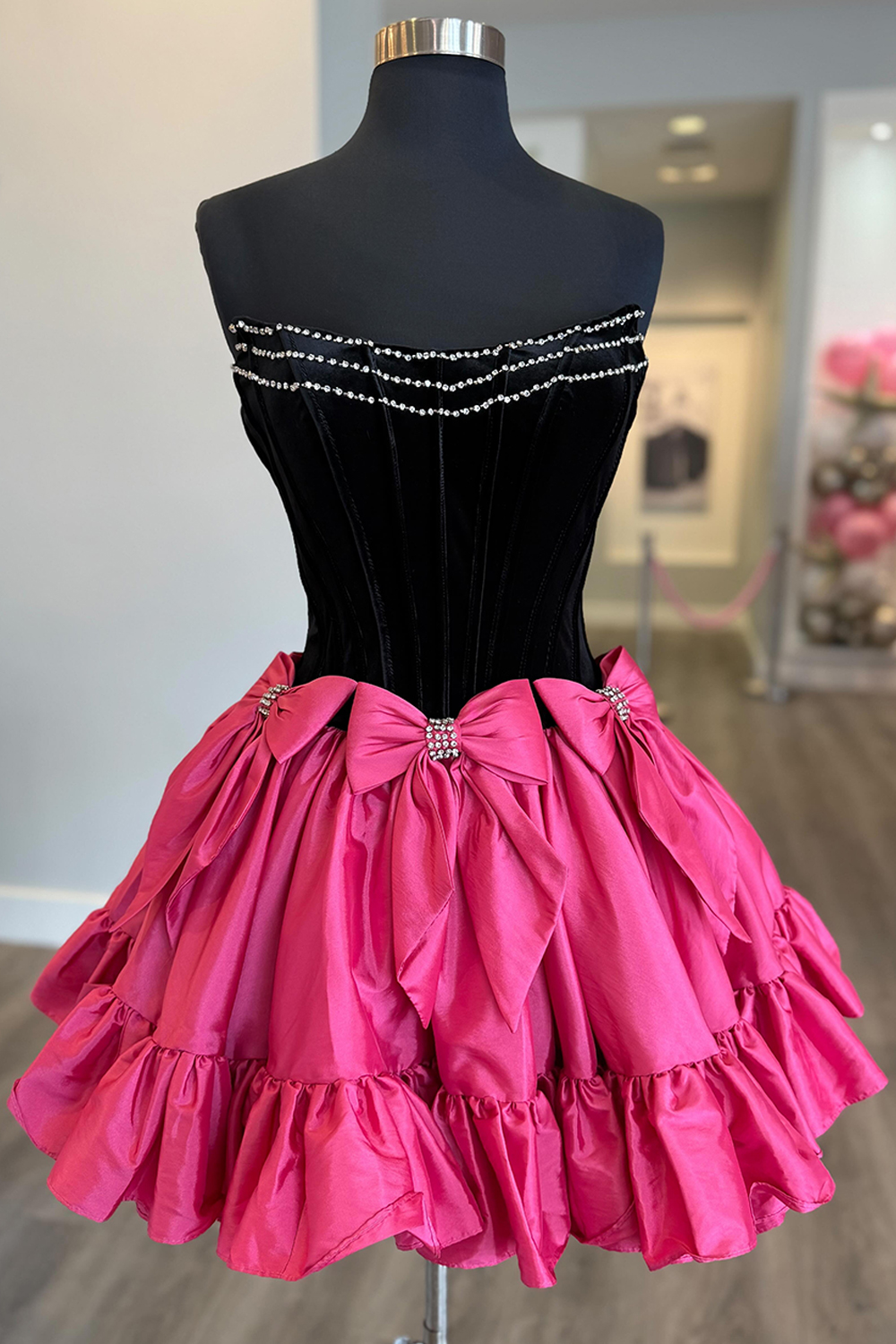Sparkly Black and Fuchsia Corset A Line Short Homecoming Dress with Bow