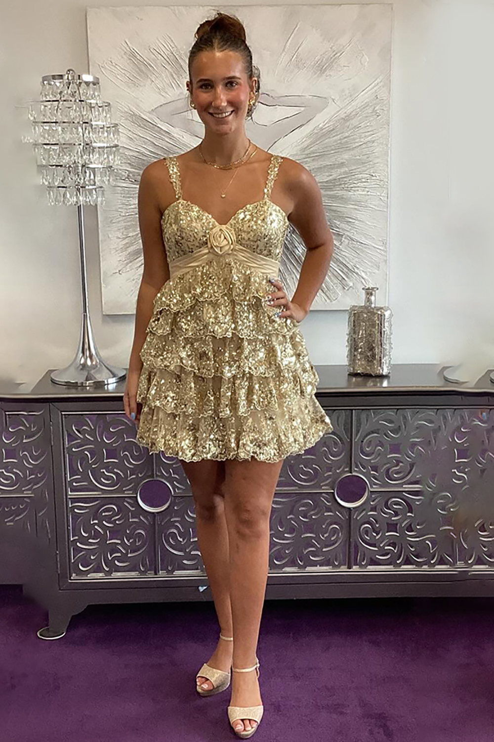 Sparkly Blue Floral Lace Off The Shoulder Ruffled Short Homecoming Dress