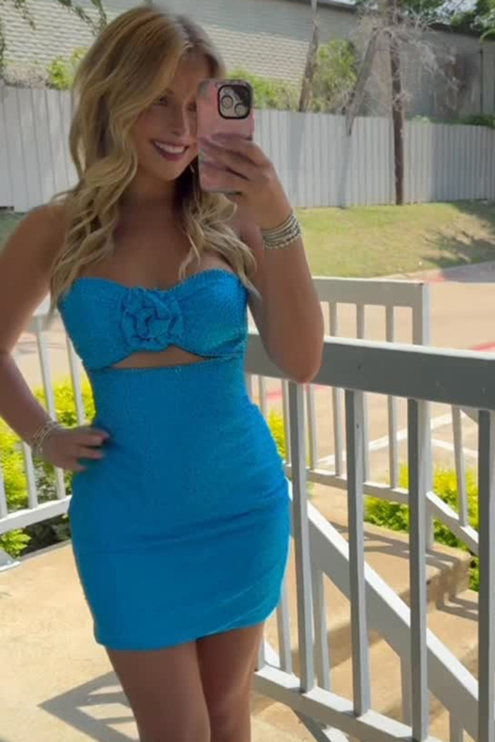 Sparkly Royal Blue Floral Tight Strapless Short Homecoming Dress with Beading