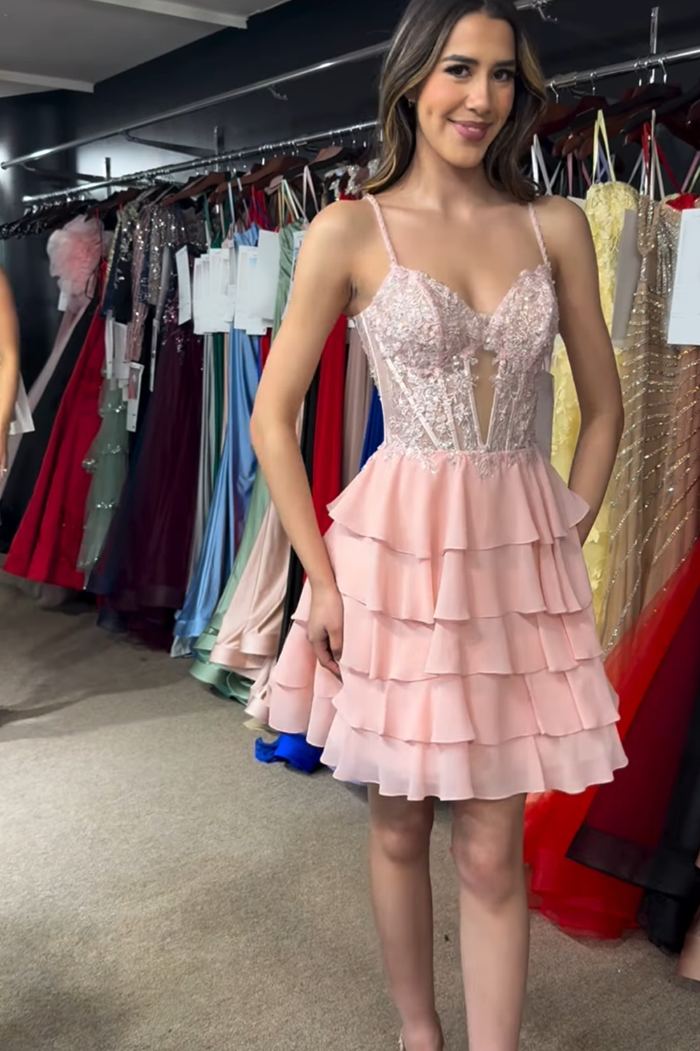 Pink Chiffon Corset A Line Short Homecoming Dress with Appliques