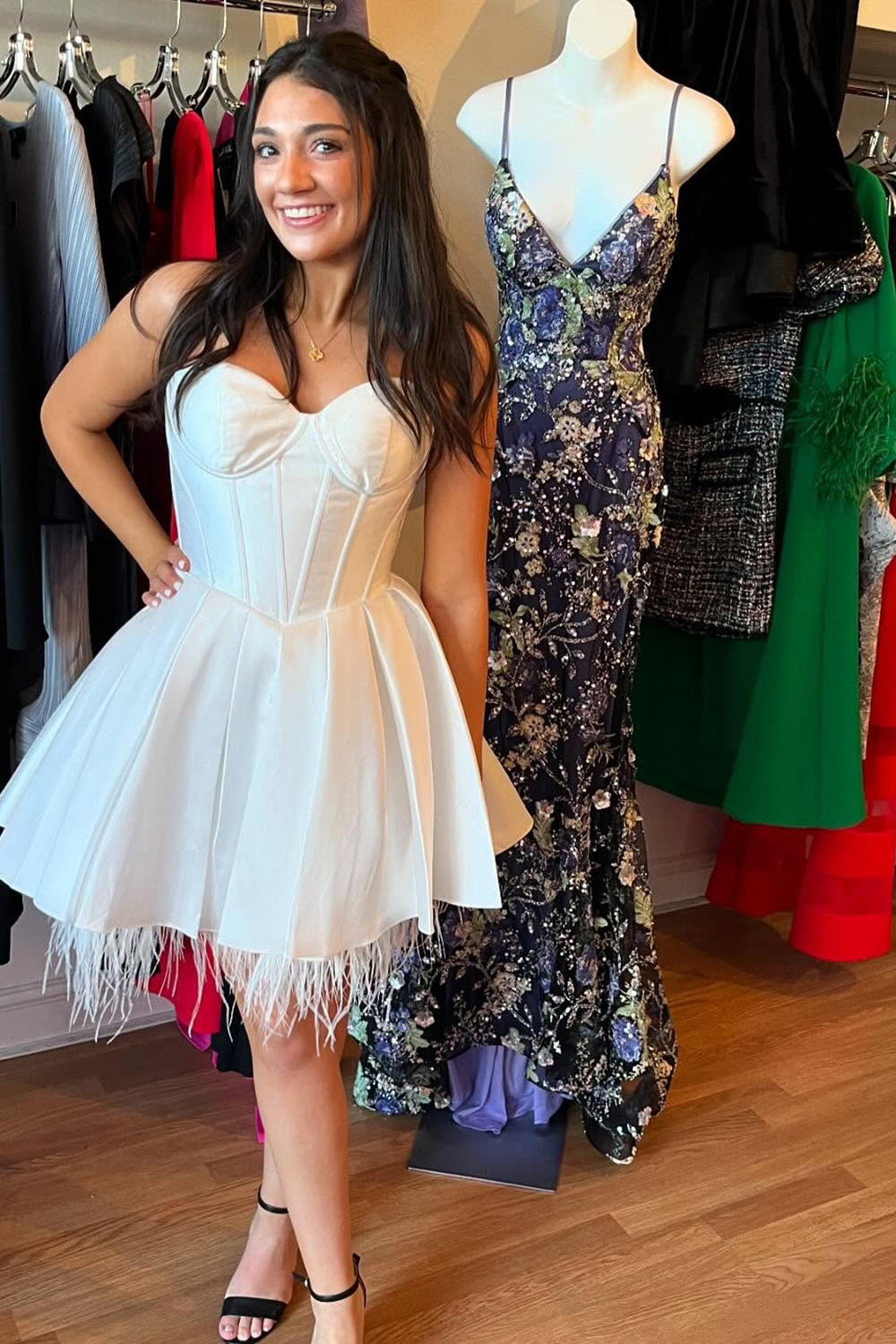 White Corset Sweetheart A Line Long Homecoming Dress with Feathers