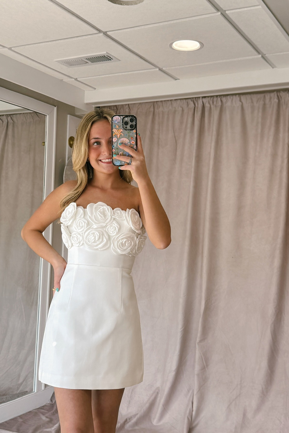 White Satin Strapless Short Homecoming Dress with Flowers