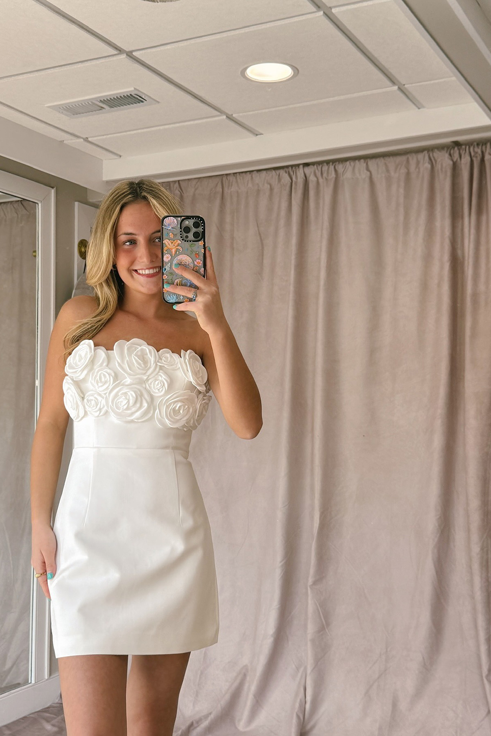 White Satin Strapless Short Homecoming Dress with Flowers