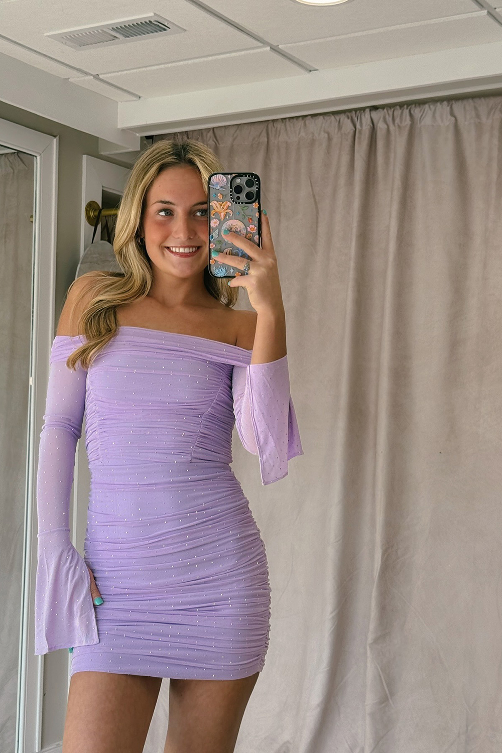 Sparkly Lilac Tight Long Sleeves Short Homecoming Dress with Beading