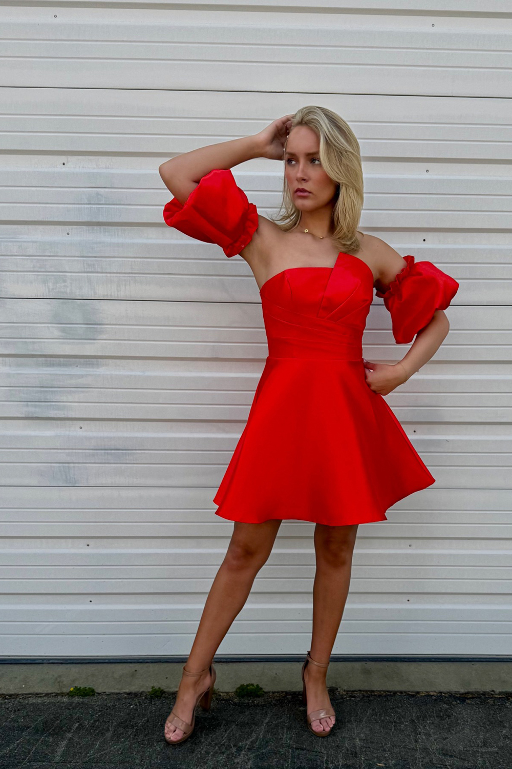 Red Satin A Line Short Homecoming Dress with Puff Sleeves