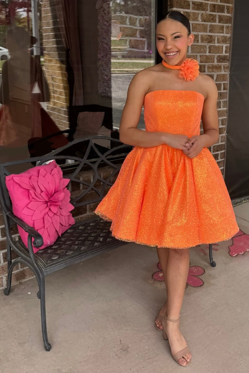 Glitter Orange A Line Strapless Short Homecoming Dress