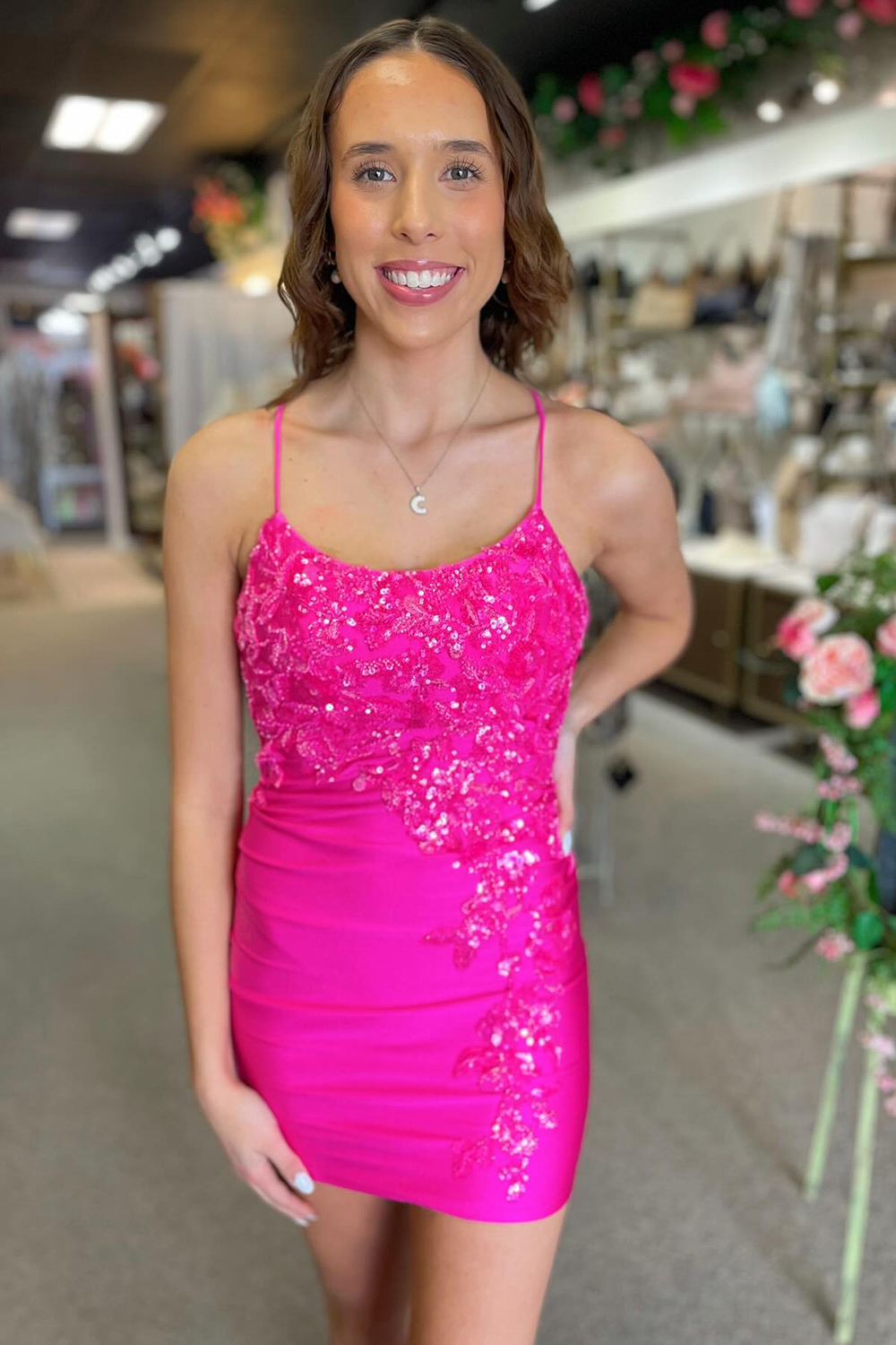 Sparkly Fuchsia Short Tight Homecoming Dress with Appliques
