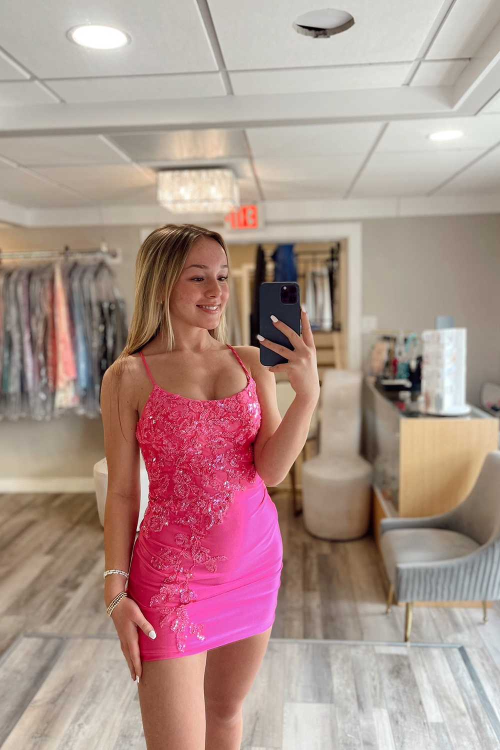 Sparkly Fuchsia Tight Bodycon Short Homecoming Dress with Sequins