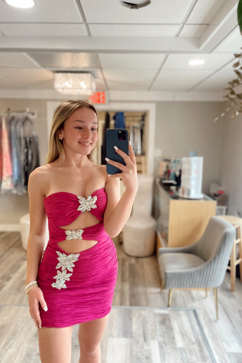 Sparkly Fuchsia Beaded Tight Bodycon Cut Out Short Homecoming Dress