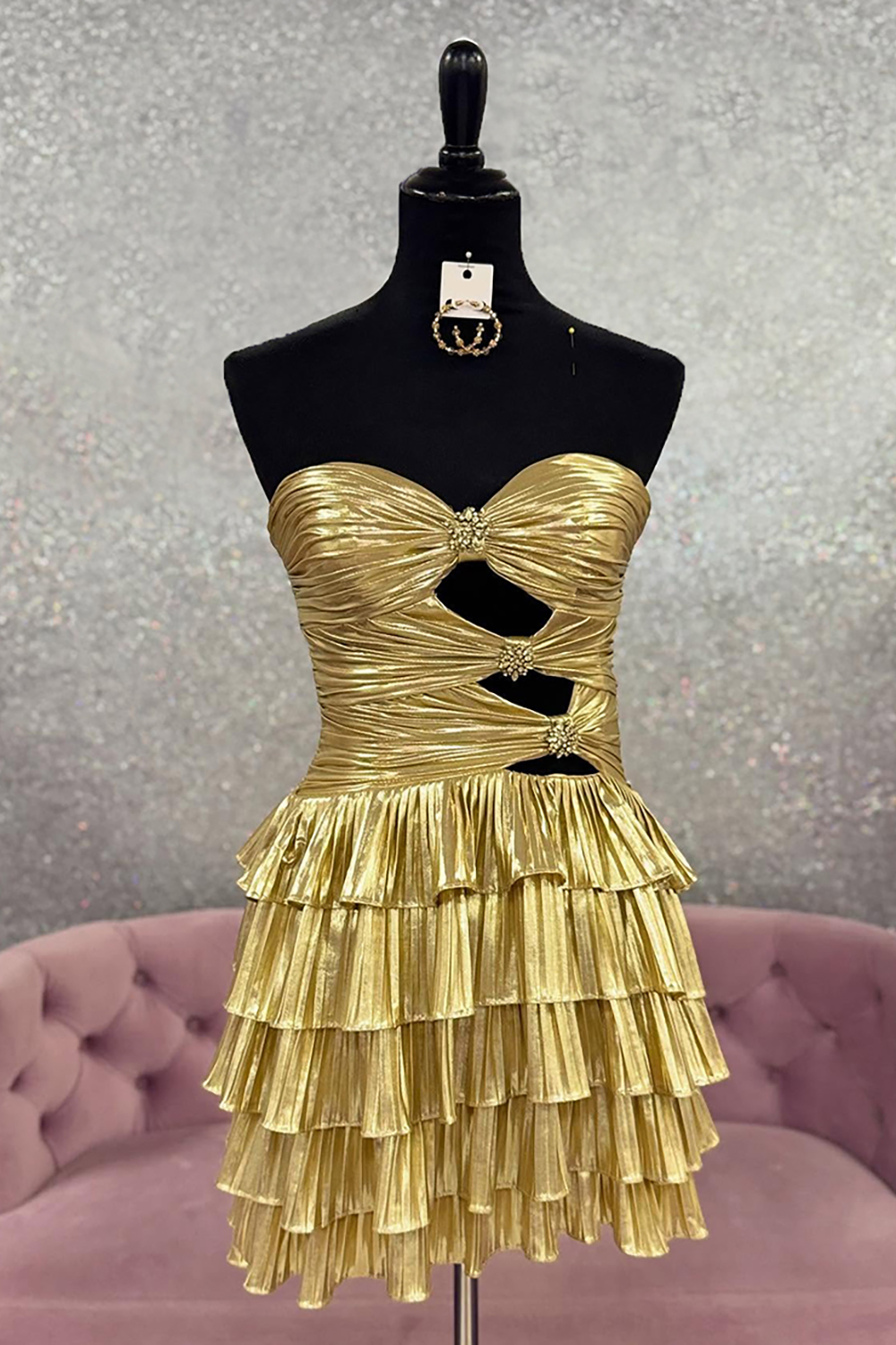 Sparkly Gold Metallic A Line Tiered Short Homecoming Dress with Beading