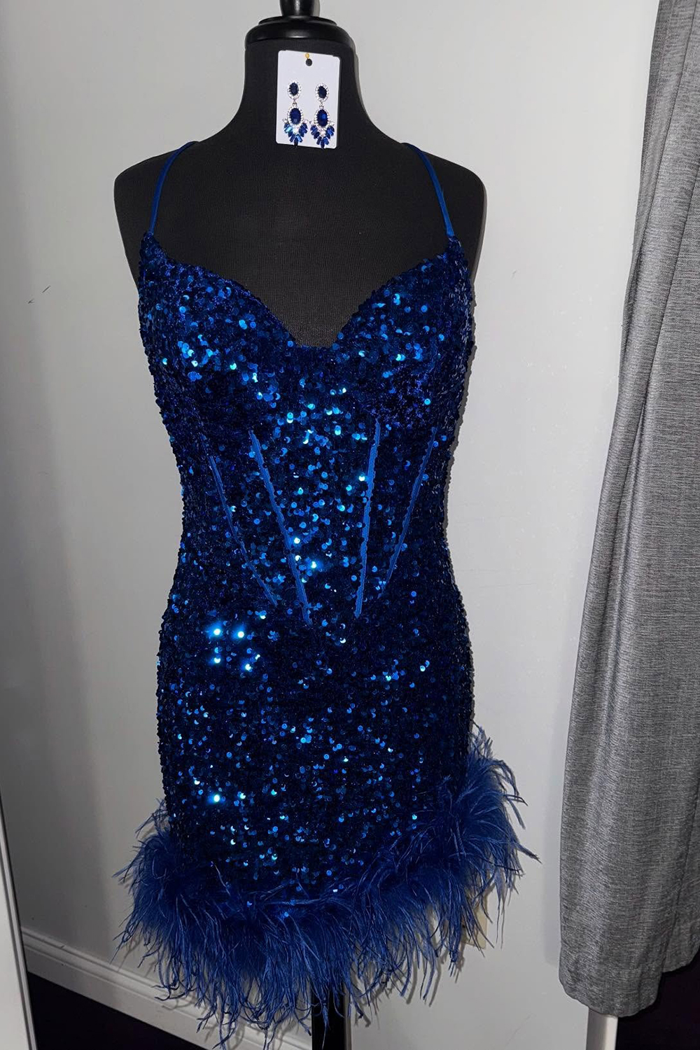 Sparkly Royal Blue Corset Tight Sequins Short Homecoming Dress with Feathers