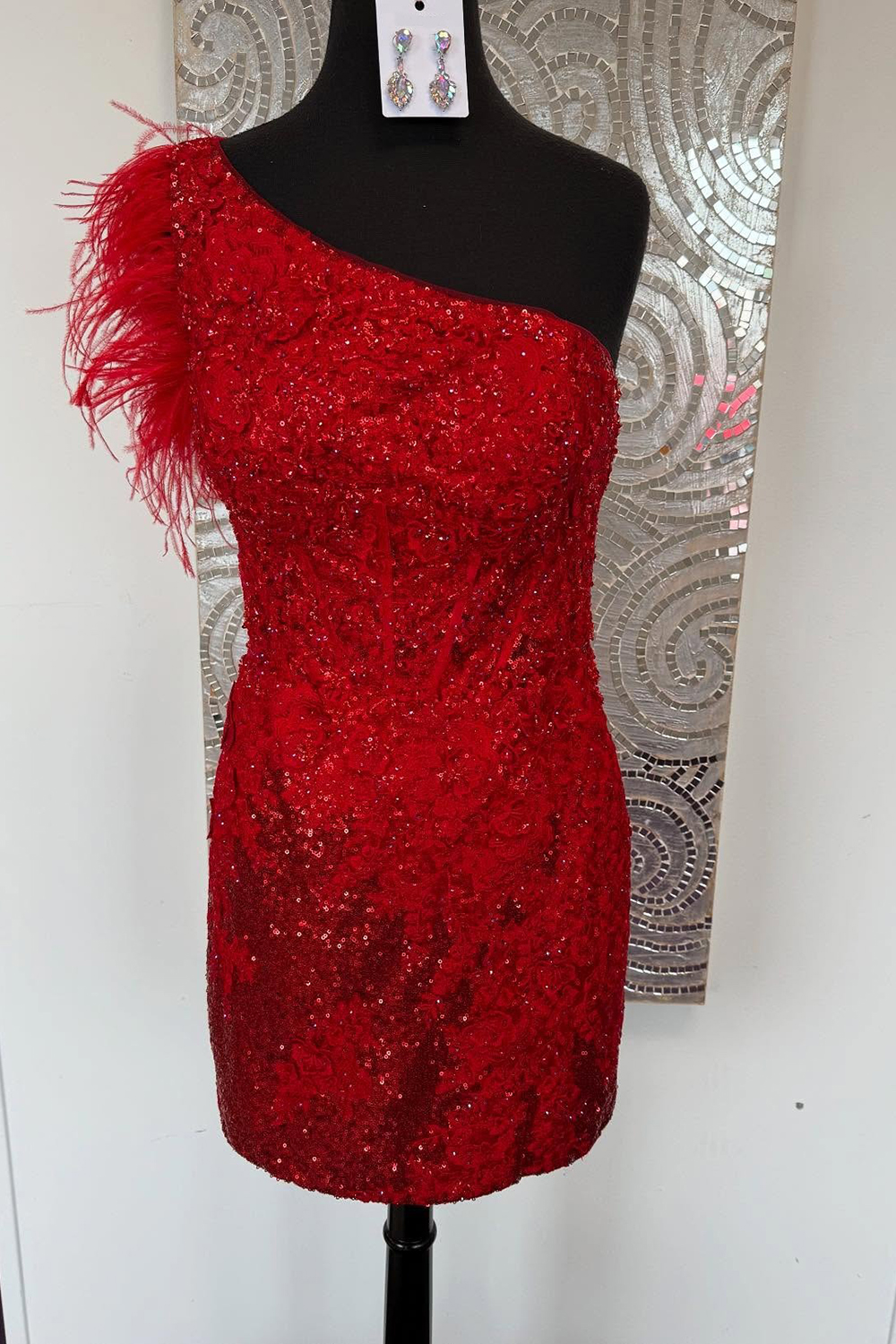 Sparkly Red Sequins Tight One Shoulder Short Homecoming Dress with Feathers