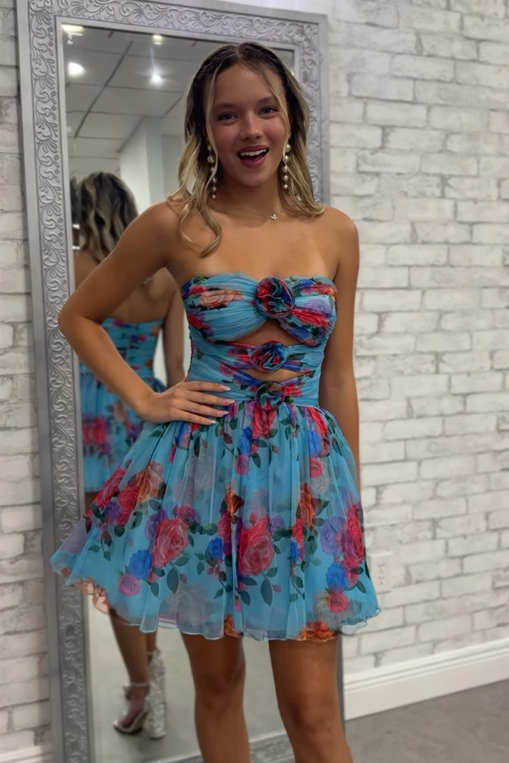 Blue Floral Chiffon A Line Cut Out Short Homecoming Dresses
