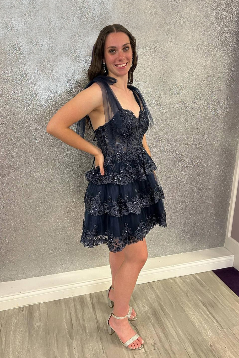 Sparkly Lavender Ruffled Beaded Short Homecoming Dress with Bow