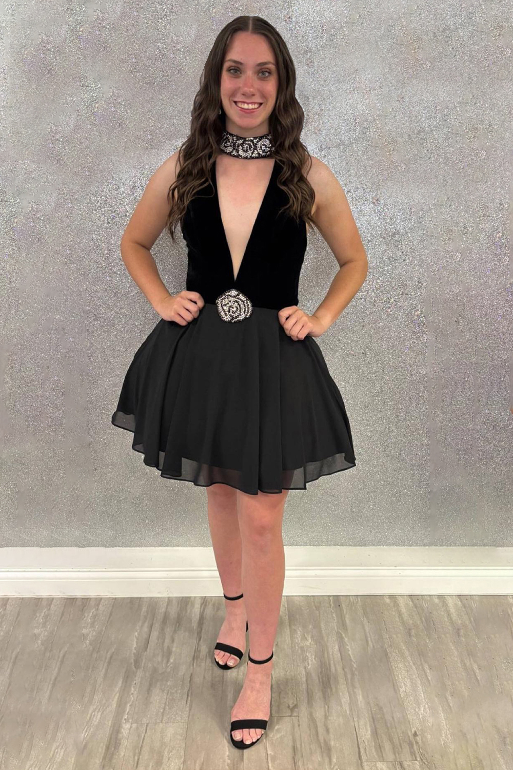 Sparkly Black Beaded A Line Short Homecoming Dress with Flower