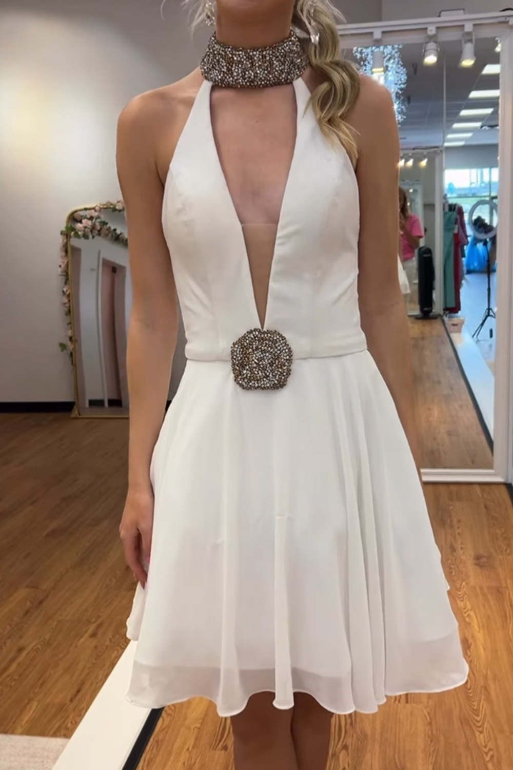 Sparkly Black Beaded A Line Short Homecoming Dress with Flower