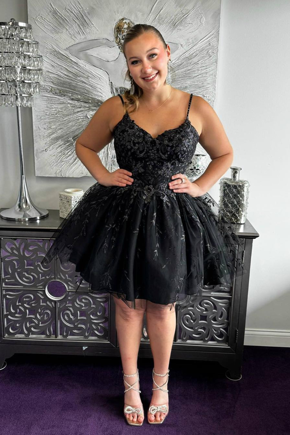 Black Floral Lace A Line Spaghetti Straps Short Homecoming Dress