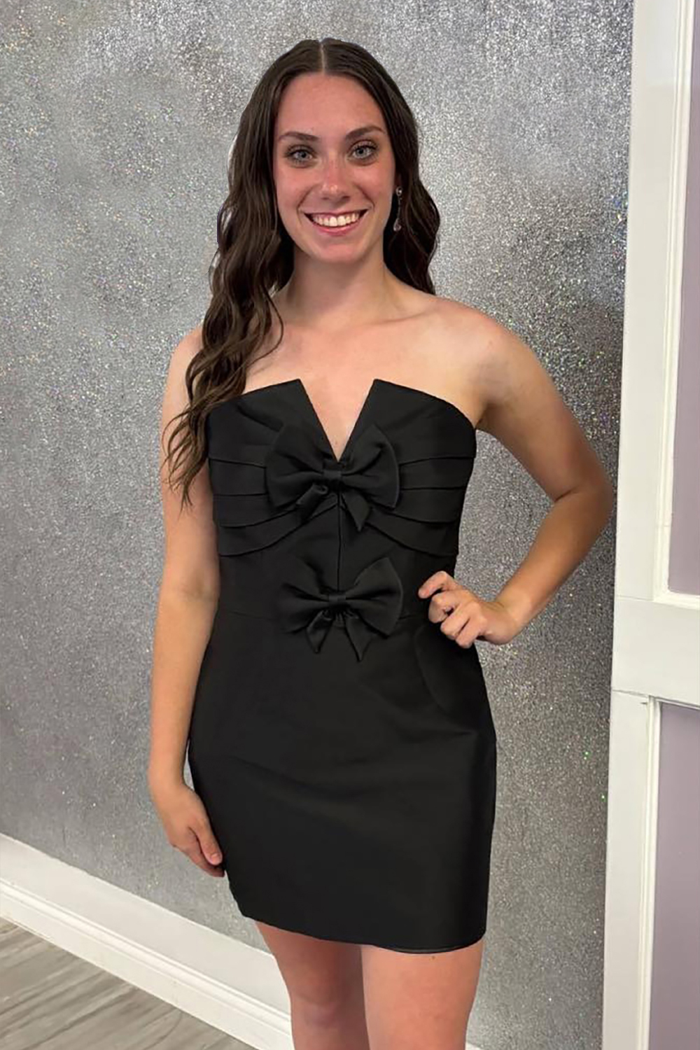 Black Tight Satin Short Homecoming Dress with Bows