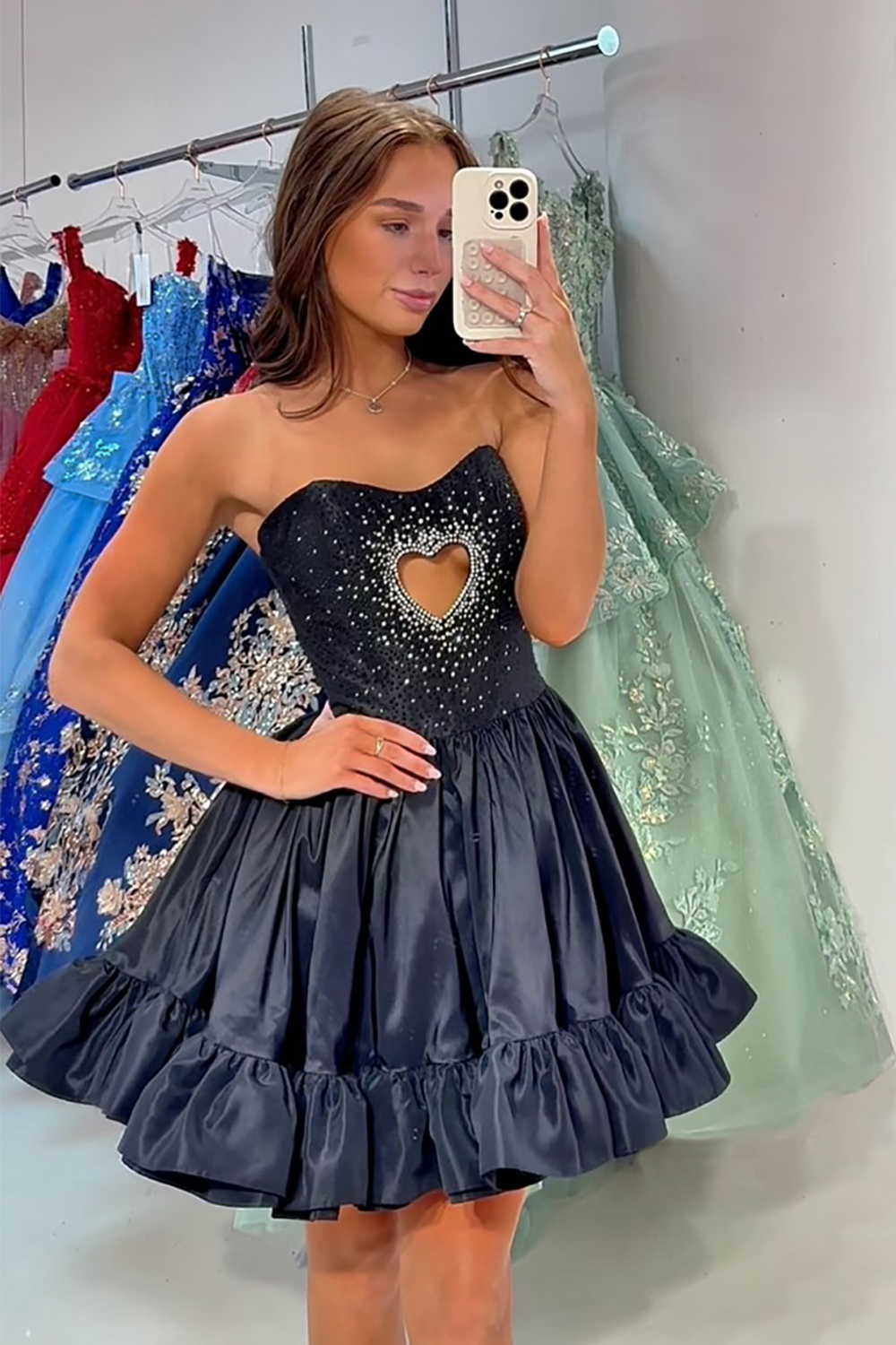 Sparkly Black Satin Keyhole Short Homecoming Dress with Beading